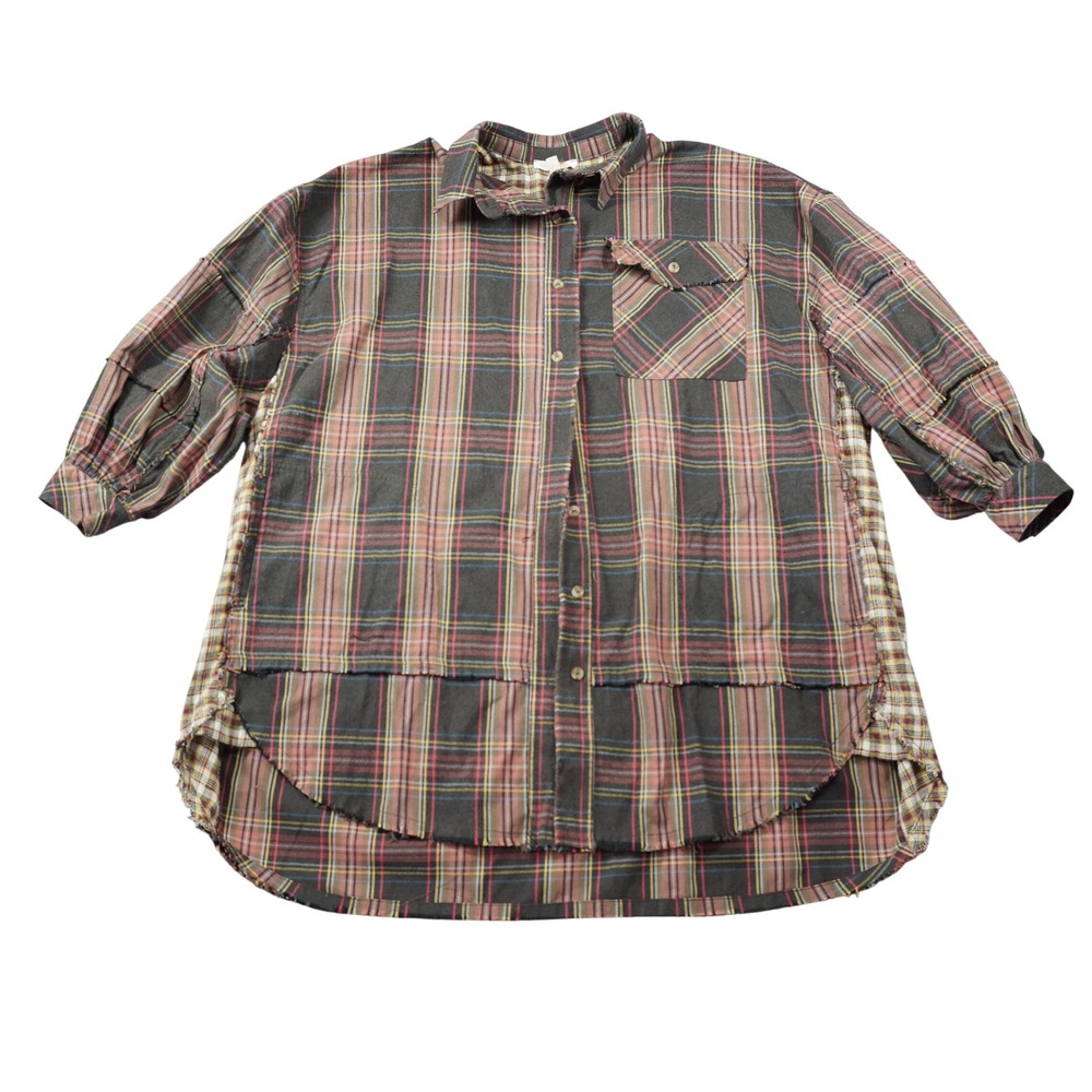 Easel Los Angeles Oversized Brown Plaid Patchwork Raw Edge Button Down Shirt NEW